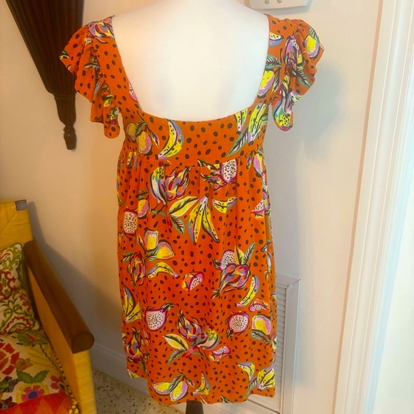 ANTHROPOLOGIE KOURT Burnt Orange Fruit & Dot Print Babydoll Dress! Rayon Linen! - Picture 8 of 16